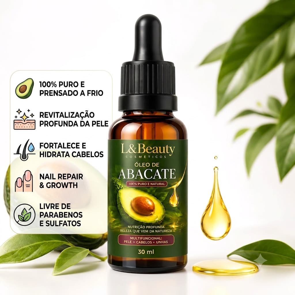 Óleo de Abacate 100% Puro L&Beauty 30ml Crescimento Capilar Hidratação Pele Cabelos Unhas