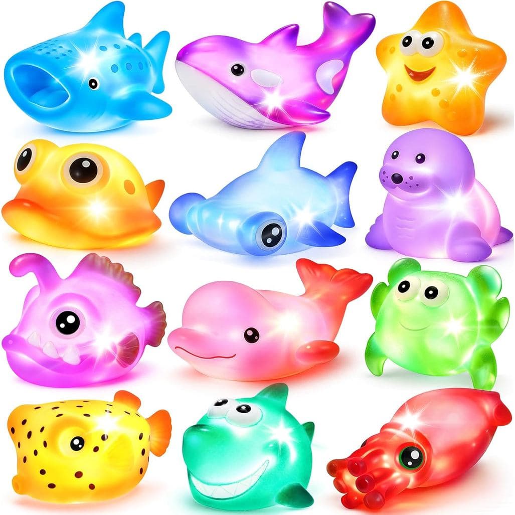 Brinquedos de Banho, Conjunto de 12 Peças de Animais Marinhos Iluminados, Brinquedos Flutuantes com Luz LED Colorida par