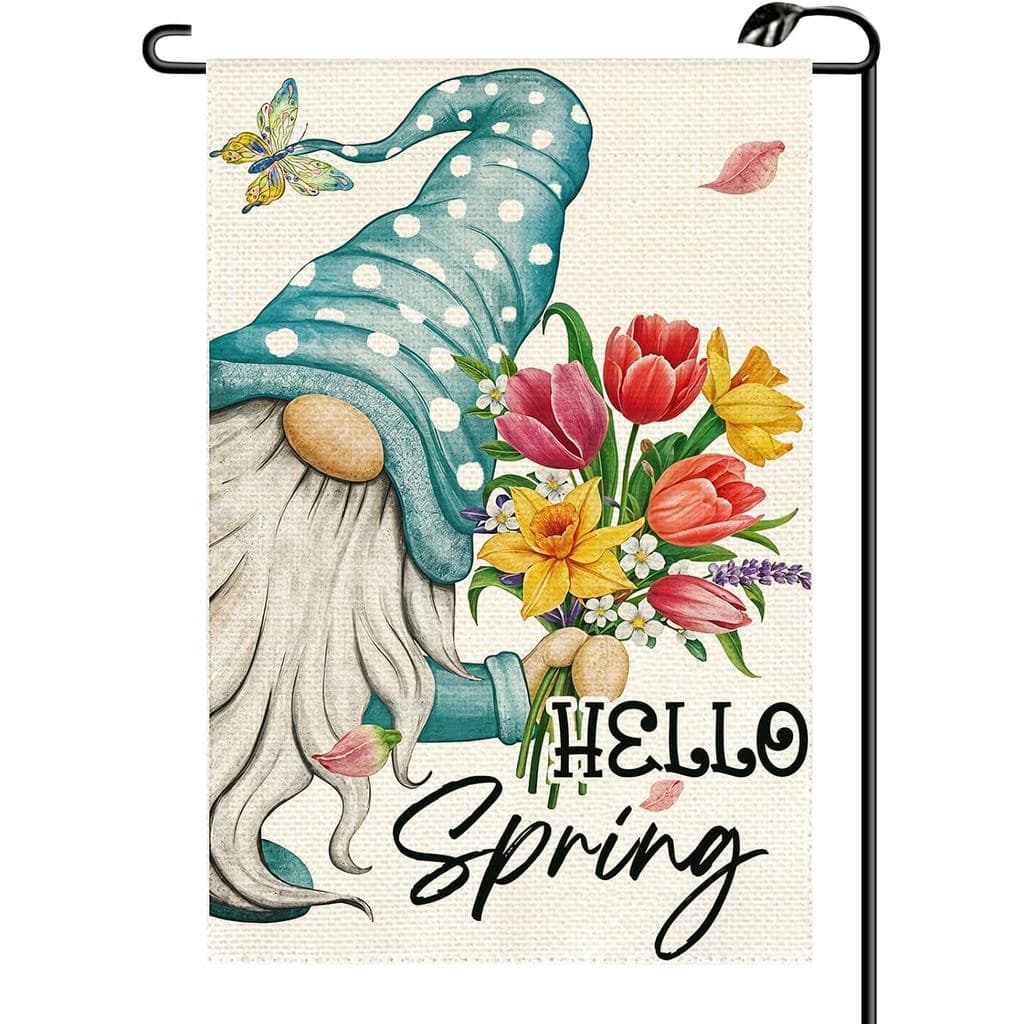 Gnome Hello Spring Garden Flag 12x18 Inch Vertical Double Sided Summer Seasonal Butterfly Floral Small Flags Rustic Farm
