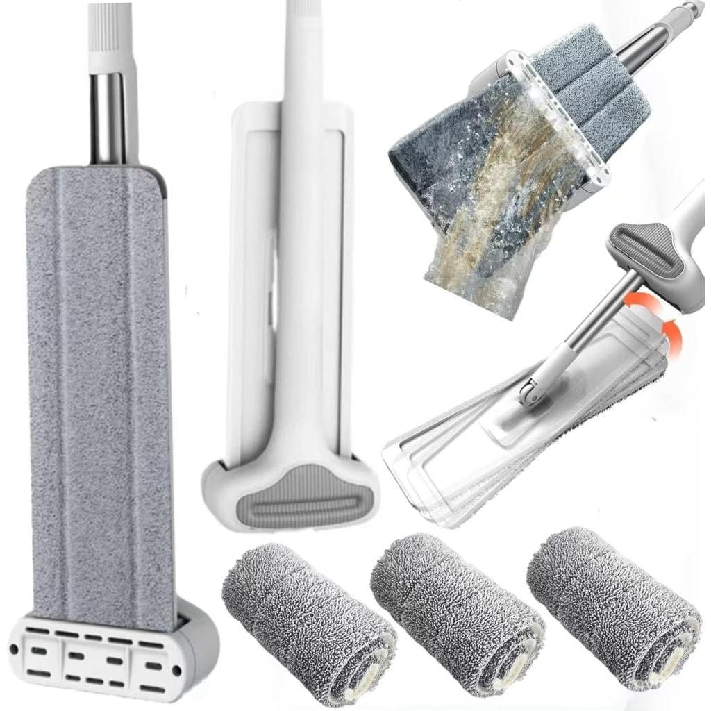 360 Hands-Free Self Wringing Floor Cleaning Mop, Flat Mop - Microfiber with 4 x Washable Pads, Hand Washing Free for Har