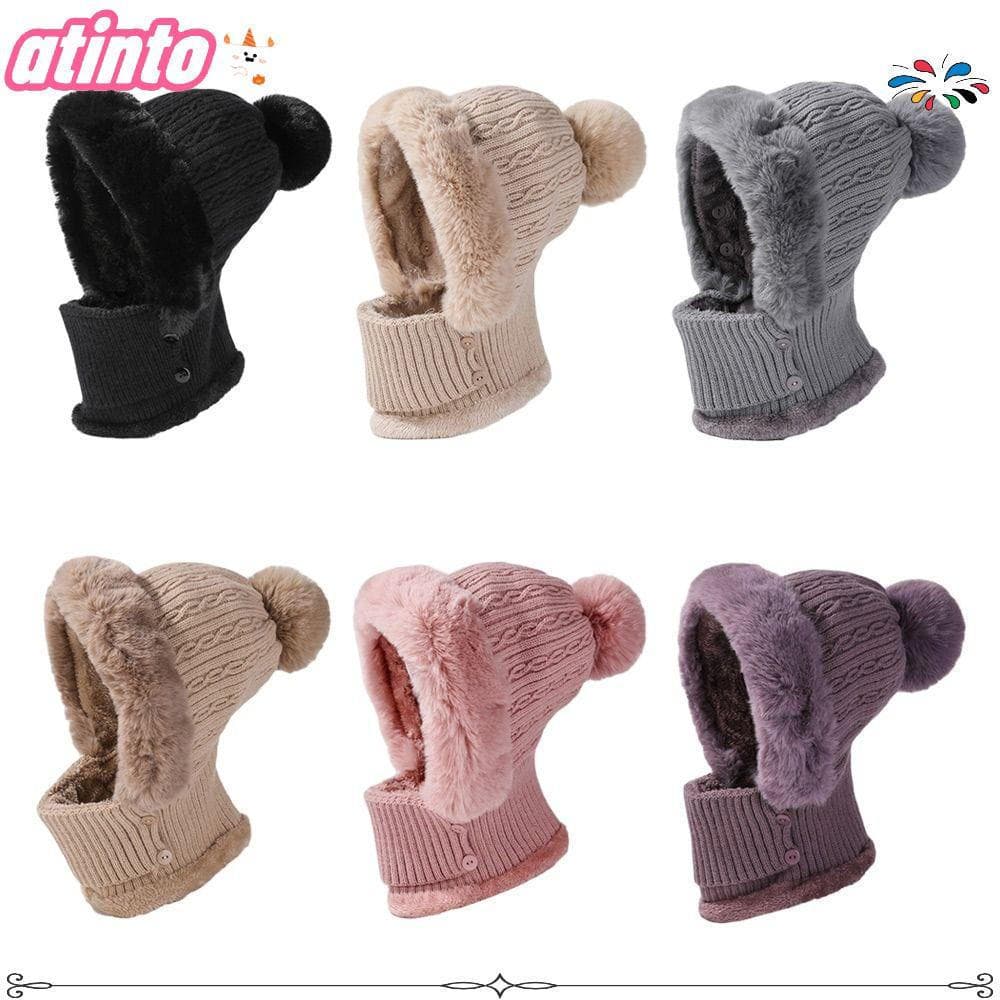 Gorro de Tricô ATINTO, Cor Sólida, Máscara de Esqui de Pelúcia IHHX
