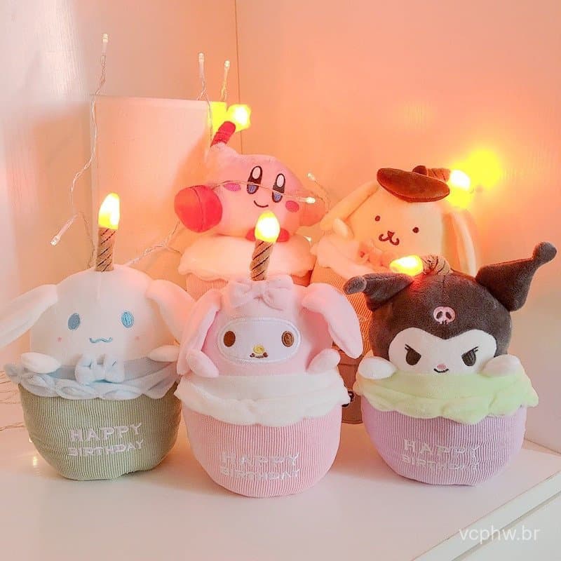 Brinquedo de Pelúcia Kuromi Anime Kirby Melody Cachorrinho Cantor Forma de Bolo de Aniversário Brilhante