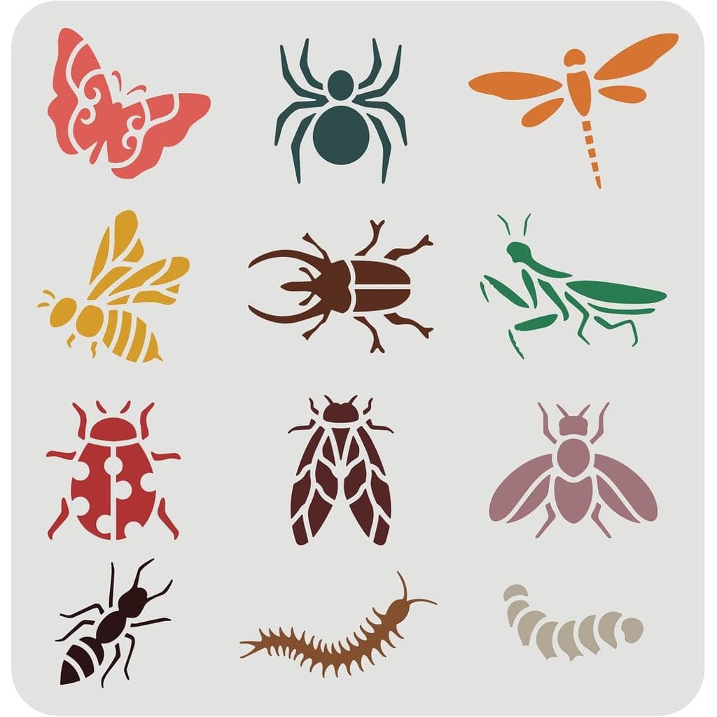 FINGERINSPIRE Estêncil de Borboleta e Libélula 11,8x11,8 polegadas, Estêncil de Animais com 12 Padrões (Abelha, Formiga,