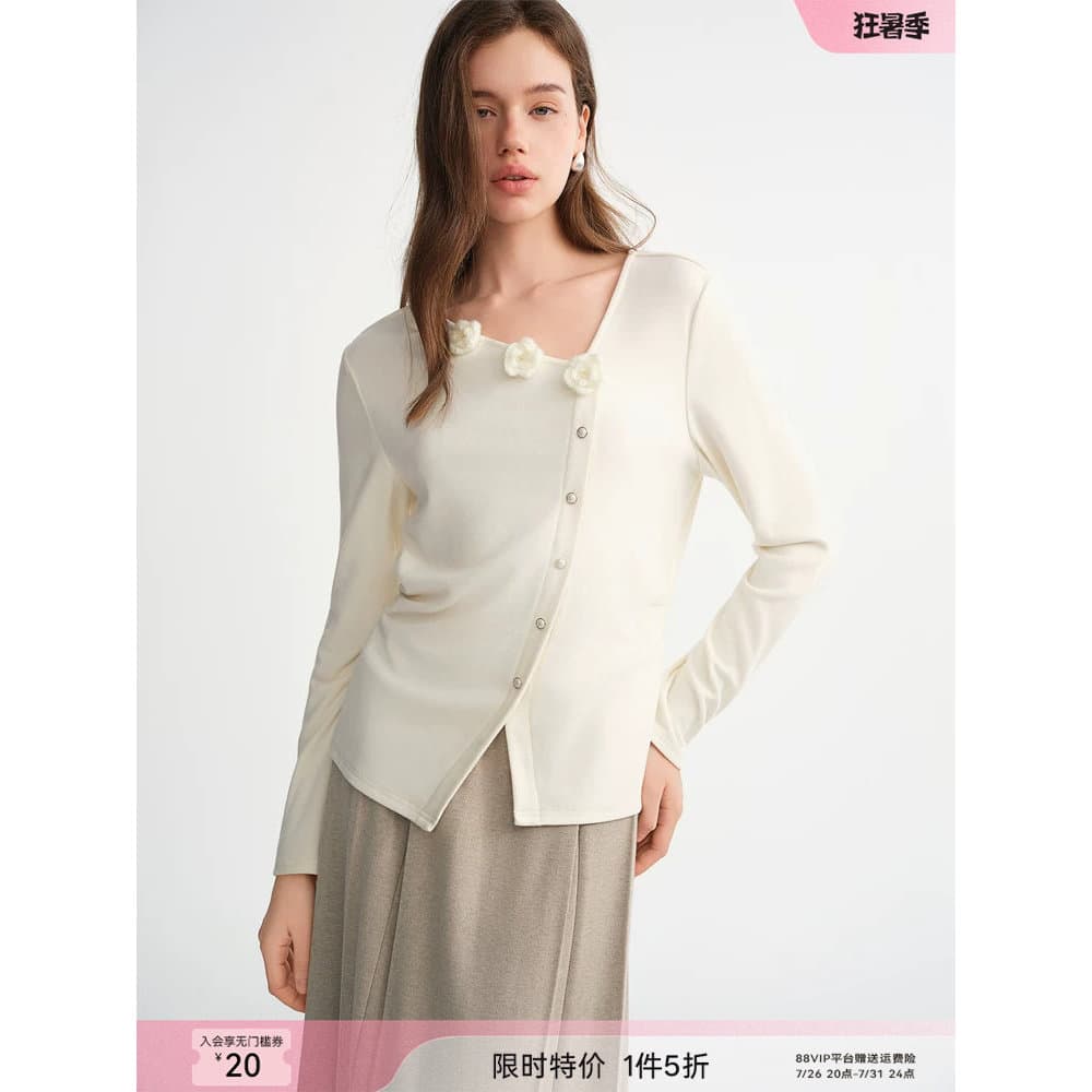 Roupas femininas exclusivas Plus Size [cardigan diagonal flor] Design Sense Cardigan diagonal com decote em V Camisa de