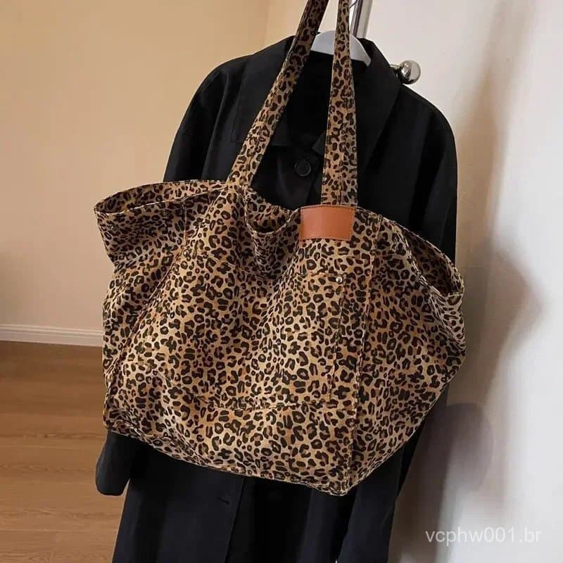 Bolsa de Ombro em Lona Vintage com Estampa de Leopardo, Grande Capacidade, para Escola, Trabalho e Compras