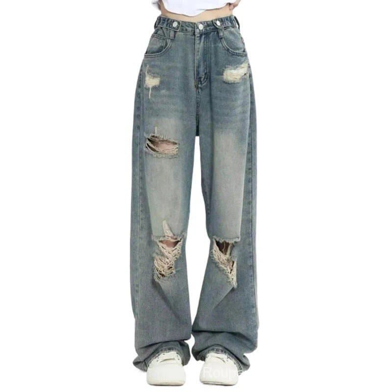 Calças Jeans Americanas Retrô com Furos, Cintura Alta, Corte Reto, Design Solto e Elegante, Estilo Urbano, Calças Largas
