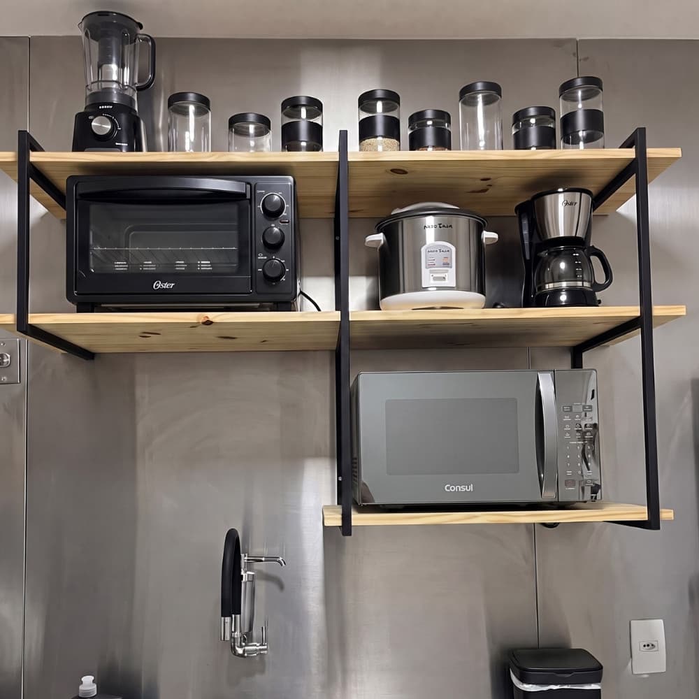 Prateleira Suspensa 100cm Suporte Microondas Forno Air Fryer Nicho Industrial  Metalon Madeira Pinus
