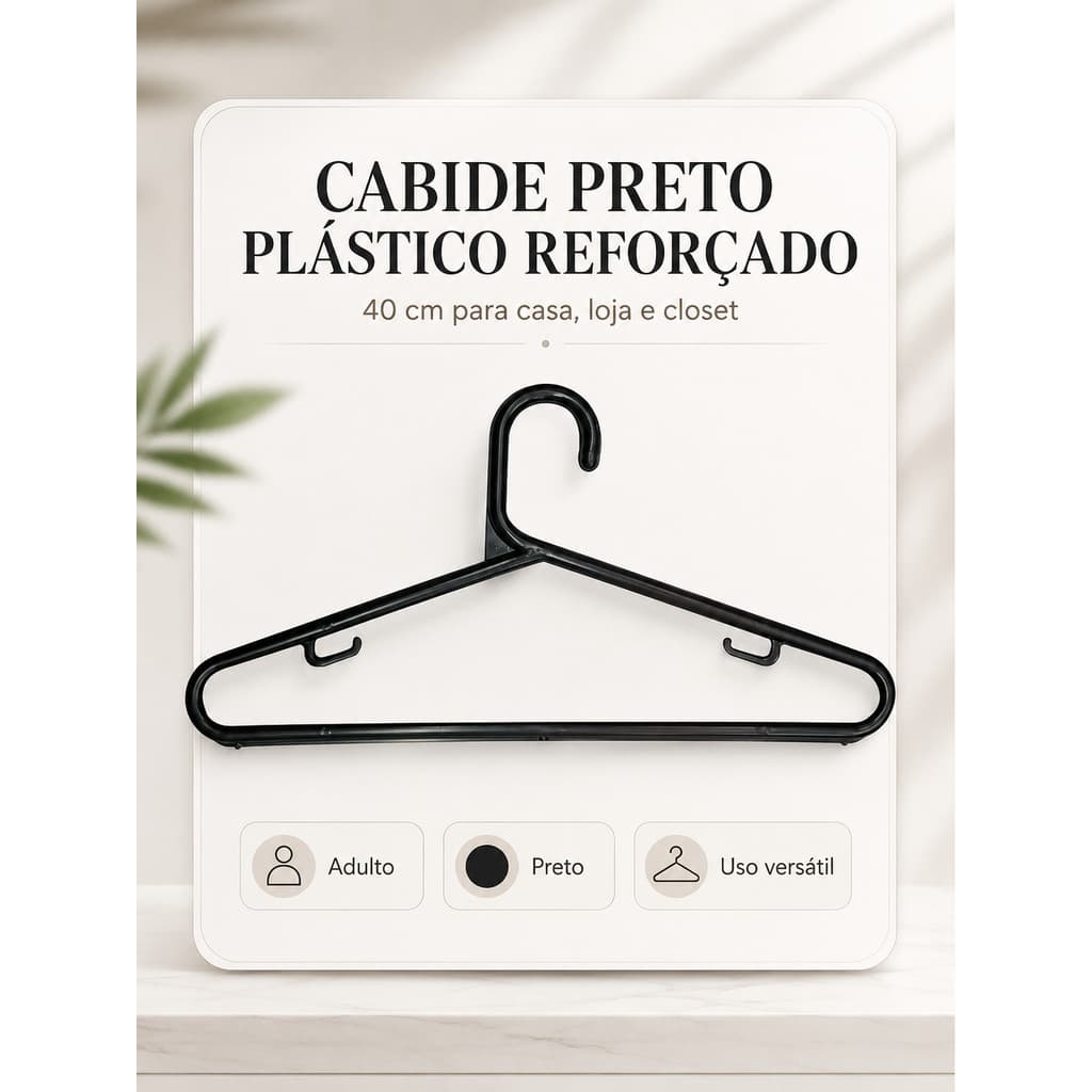 Kit 150 Cabides Adulto Preto 40cm Plástico Reforçado Closet Loja Guarda-Roupa Organização