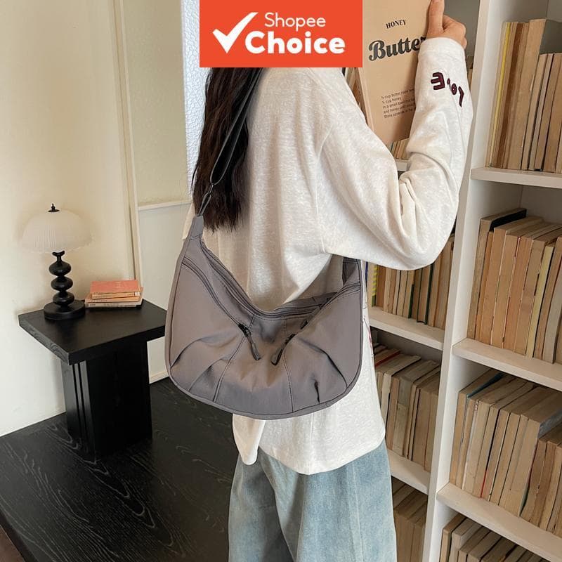 Bolsa tiracolo de náilon leve com vários bolsos com zíper, alça ajustável, grande capacidade, casual