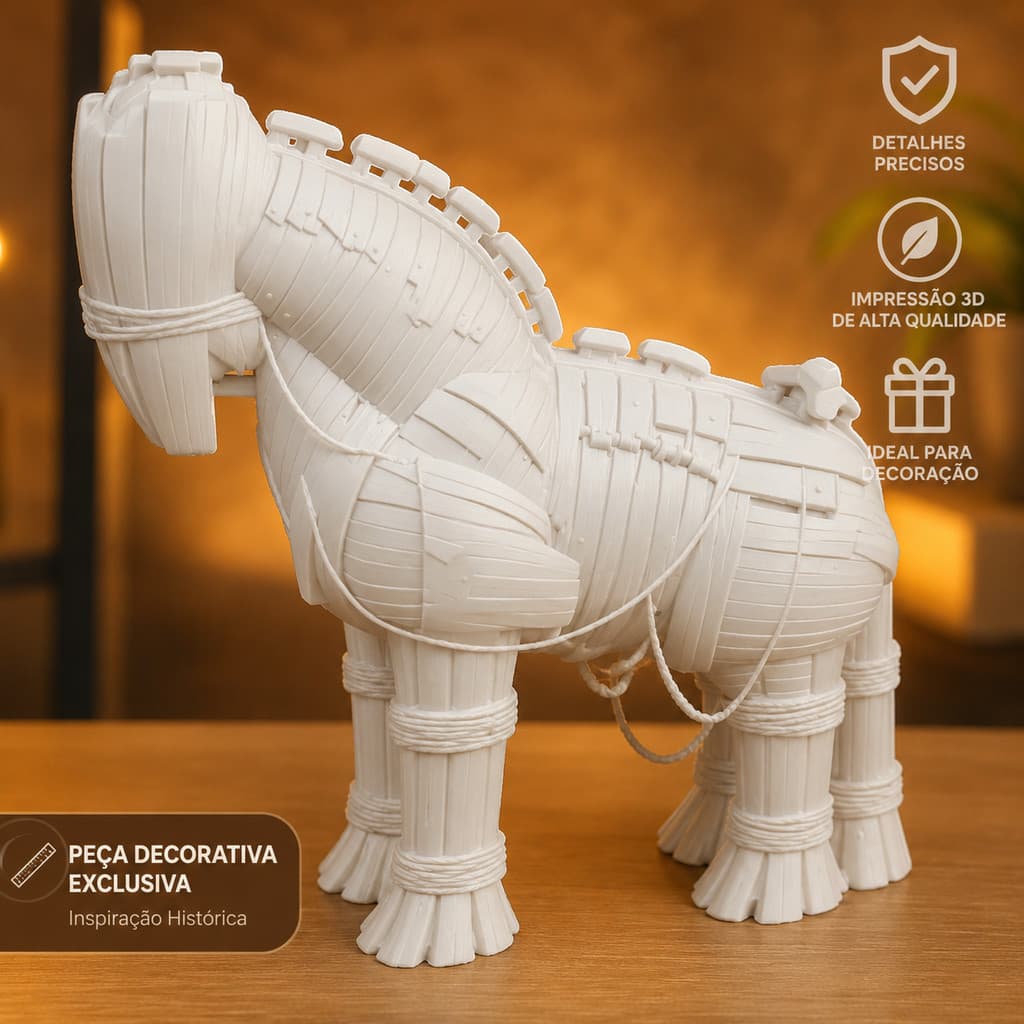 Cavalo de Tróia BRANCO Escultura Decorativa 15 cm de Altura Medieval Luxo Decoração