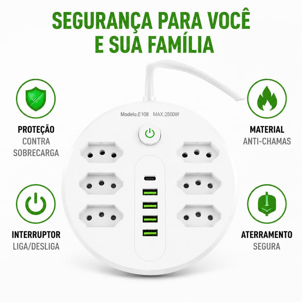Extensão Tomadas com USB e TypeC Universal Bivolt 110v/220v 2500W Power 2m Filtro De Linha Segurança