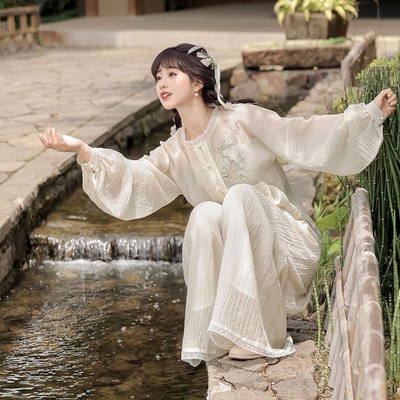 [Novo produto] Hanfu melhorado feminino solto seda bordado Top Culottes calças de música três conjuntos diário estilo ch