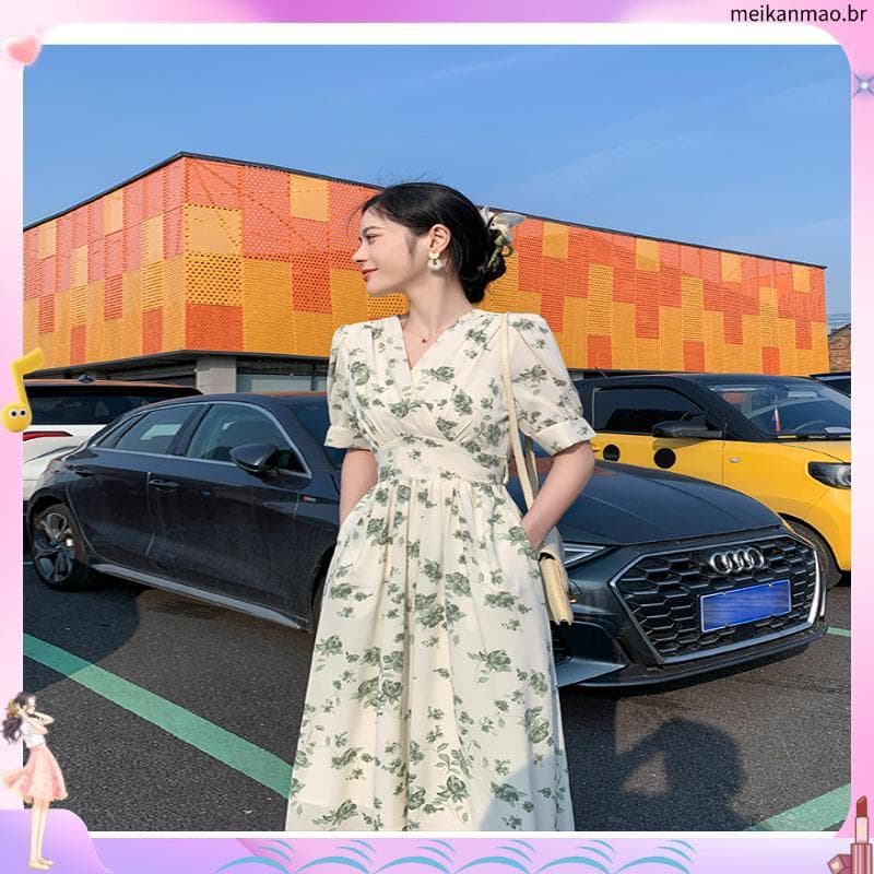 Verão nova saia Floral longo francês com decote em v Hepburn estilo saia longa High-End impresso cintura estreita mais m