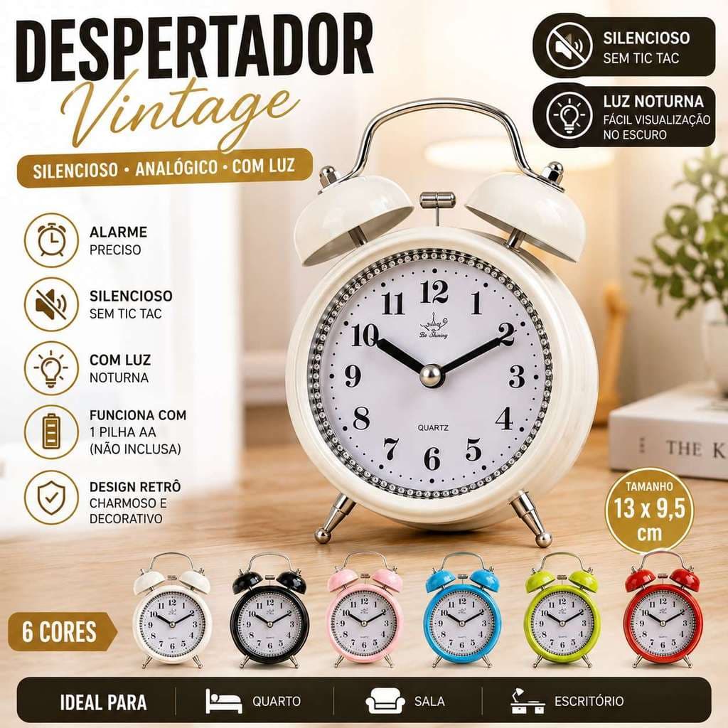 Relógio Despertador Analógico Silencioso Retrô de Mesa com Luz Noturna Alimentação por Pilha AA para Quarto e Cabeceira