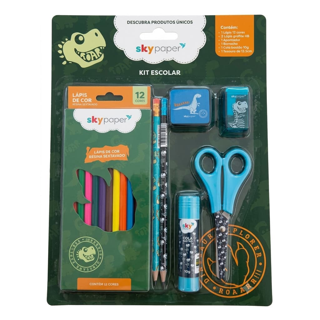 Kit Escolar Infantil Dinossauro 18 Peças Sky Paper- Volta às Aulas Menino