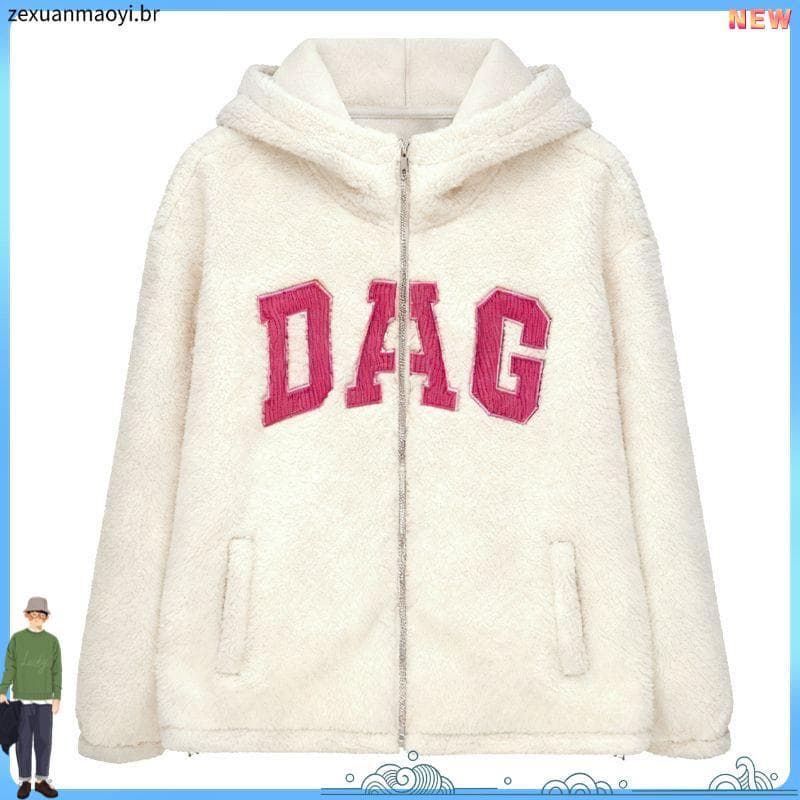 W inverno cordeiro velo remendo bordado moletom com capuz feminino forro de lã engrossado inverno quente dupla face