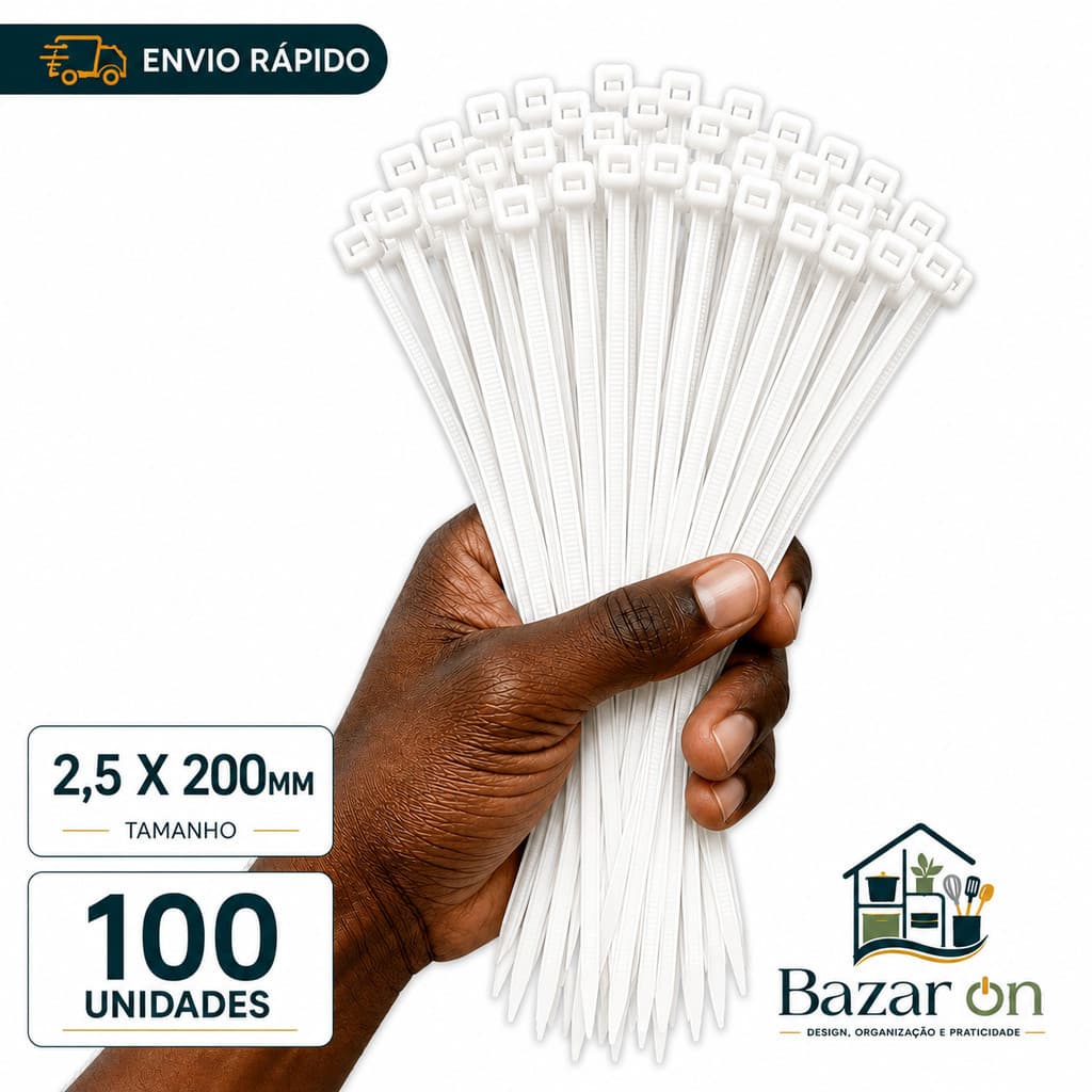 Kit 100 Abraçadeiras de Nylon 2,5x200 Branca Enforca Gato Prende Fio Lacre Cinta Plástica Presilha