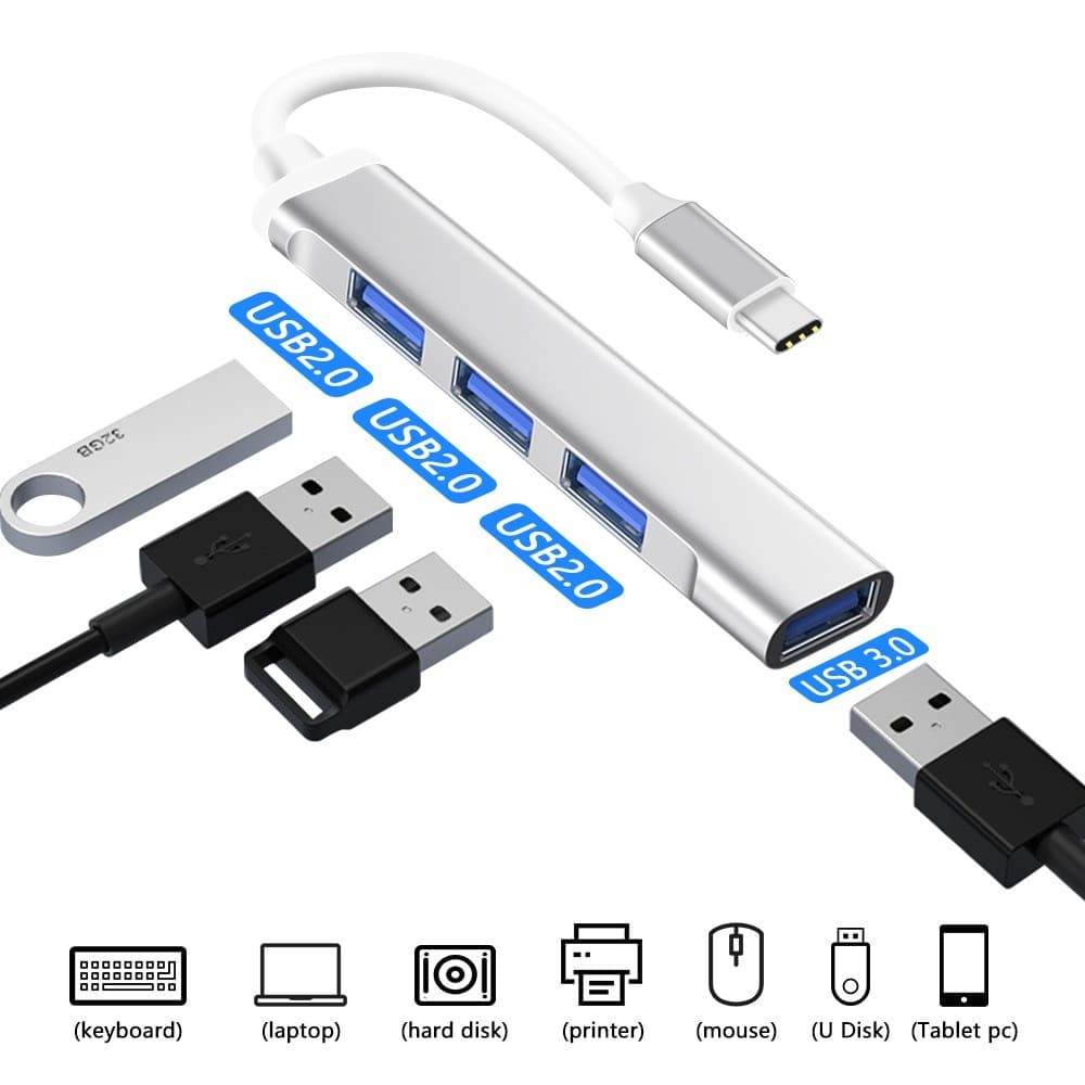 Hub USB Tipo C 4 Portas 3.0 e 2.0 Adaptador Notebook PC Expansor USB Alta Velocidade