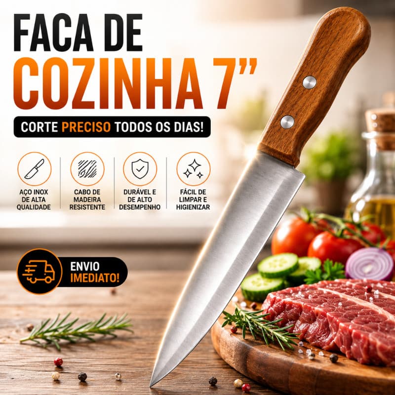 Faca de Cozinha 7 Polegadas Aço Inox Cabo de Madeira Chef Churrasco Carne Legumes Frutas Corte |CD2600| Pronta Entrega