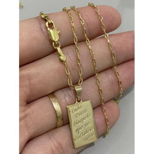 Corrente Masculina 1.8mm + Placa Tudo Posso Banhados A Ouro Dourado