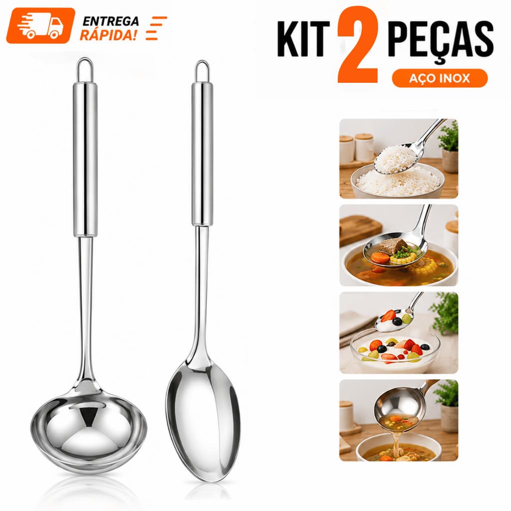 Kit 2 ou 1 Utensilios para Cozinha INOX Colher de Arroz Concha Feijão Louça Comida Casa PREMIUM no