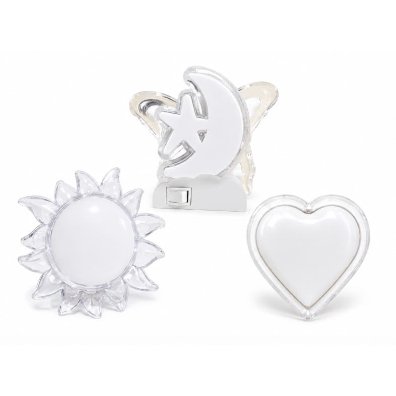 Kit 3 Abajures LED Infantis: Coração, Sol, Lua. Luz Noturna
