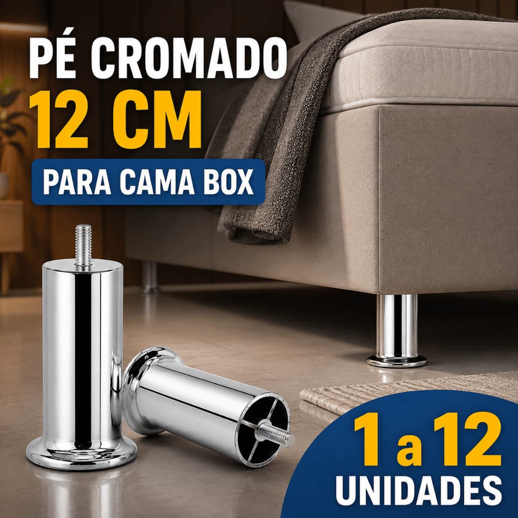 Pé para Cama Box Cromado 12 cm Reforçado Rosqueável 1 a 12 Unidades
