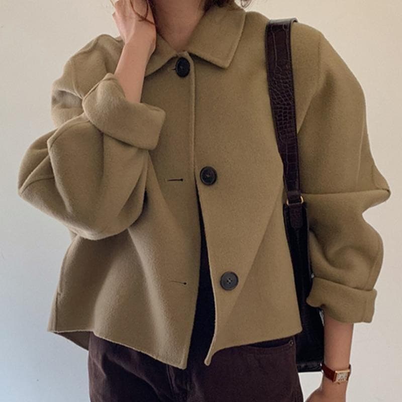 Coreia outono inverno novo estilo Retro lapela Casual solto manga Puff pequeno casaco curto de lã Cardigan feminino