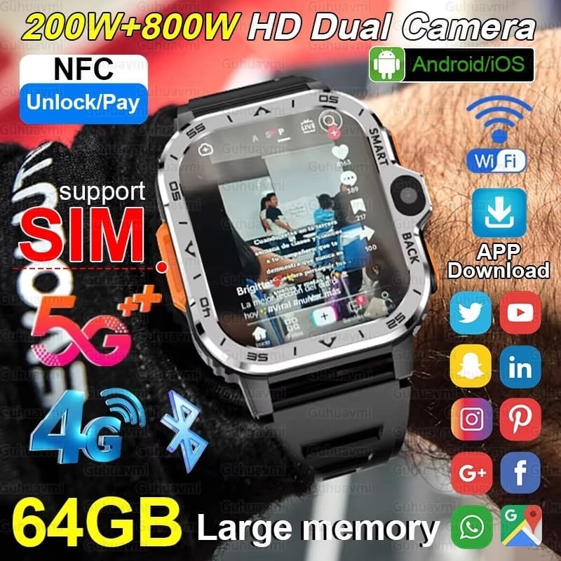 Suporte 4G/5G Cartão SIM Relógio Inteligente Masculino 16/64GB Memória HD Chamada De Vídeo Navegação GPS 800W Câmera Dup