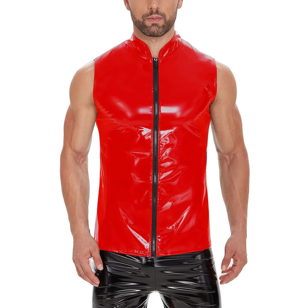 Masculino brilhante couro do plutônio gola alta zíper colete colete fino-ajuste sem mangas colete superior boate Bar des