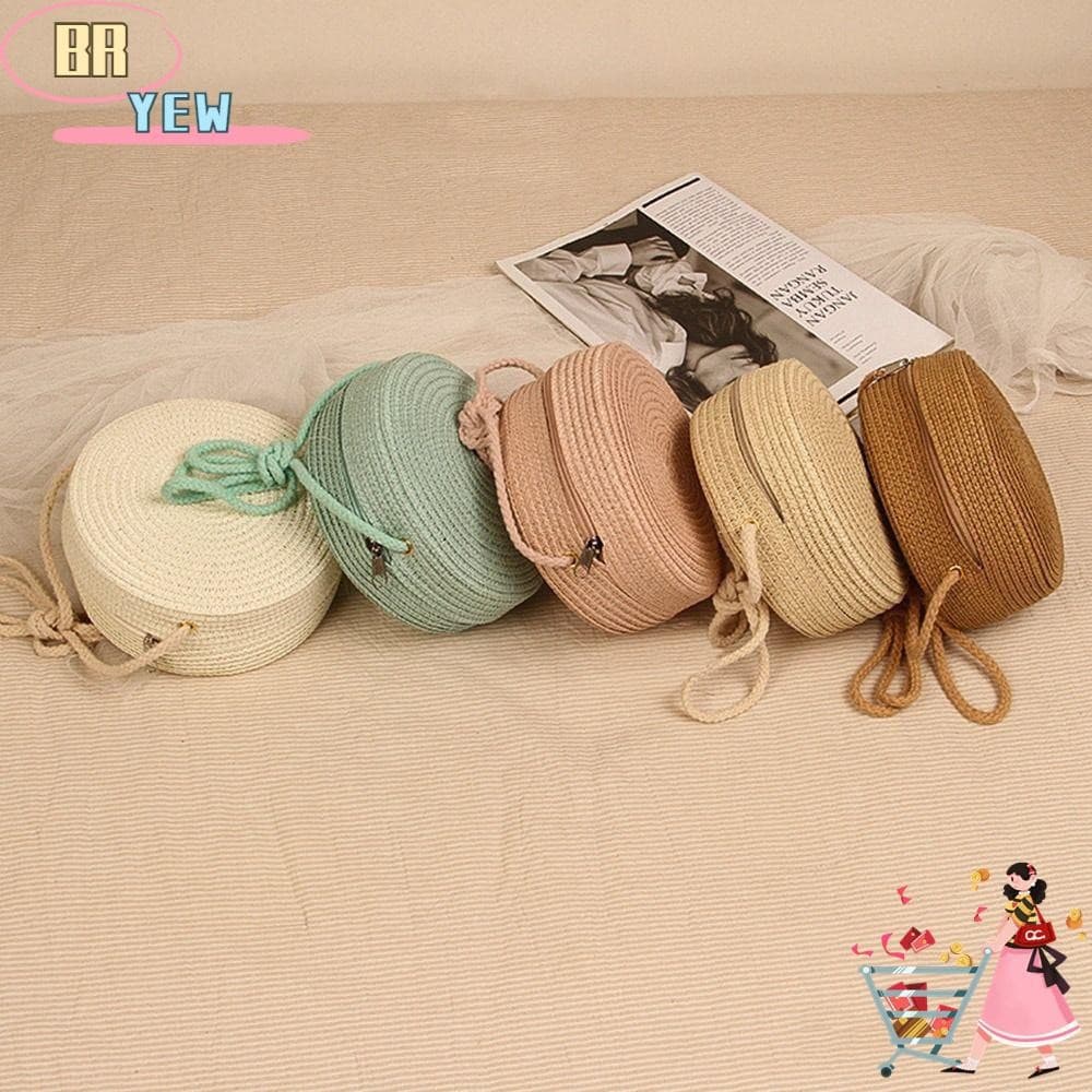 Bolsa de Palha Redonda para Mulheres Feita à Mão YEE para Praia de Verão M123
