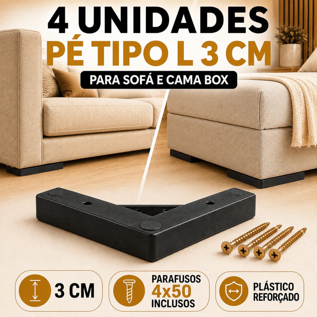 Kit 4 Pés Cantoneira Tipo L 3cm Sofá Cama Box Puff Rack Fixação por Baixo com Parafuso