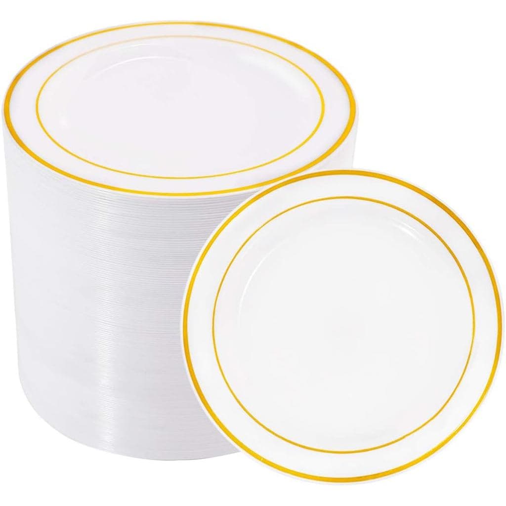 bUCLA 100 Peças de Pratos de Plástico Dourados - 6,25 polegadas Brancos com Borda Dourada Descartáveis para Salada/Sobre