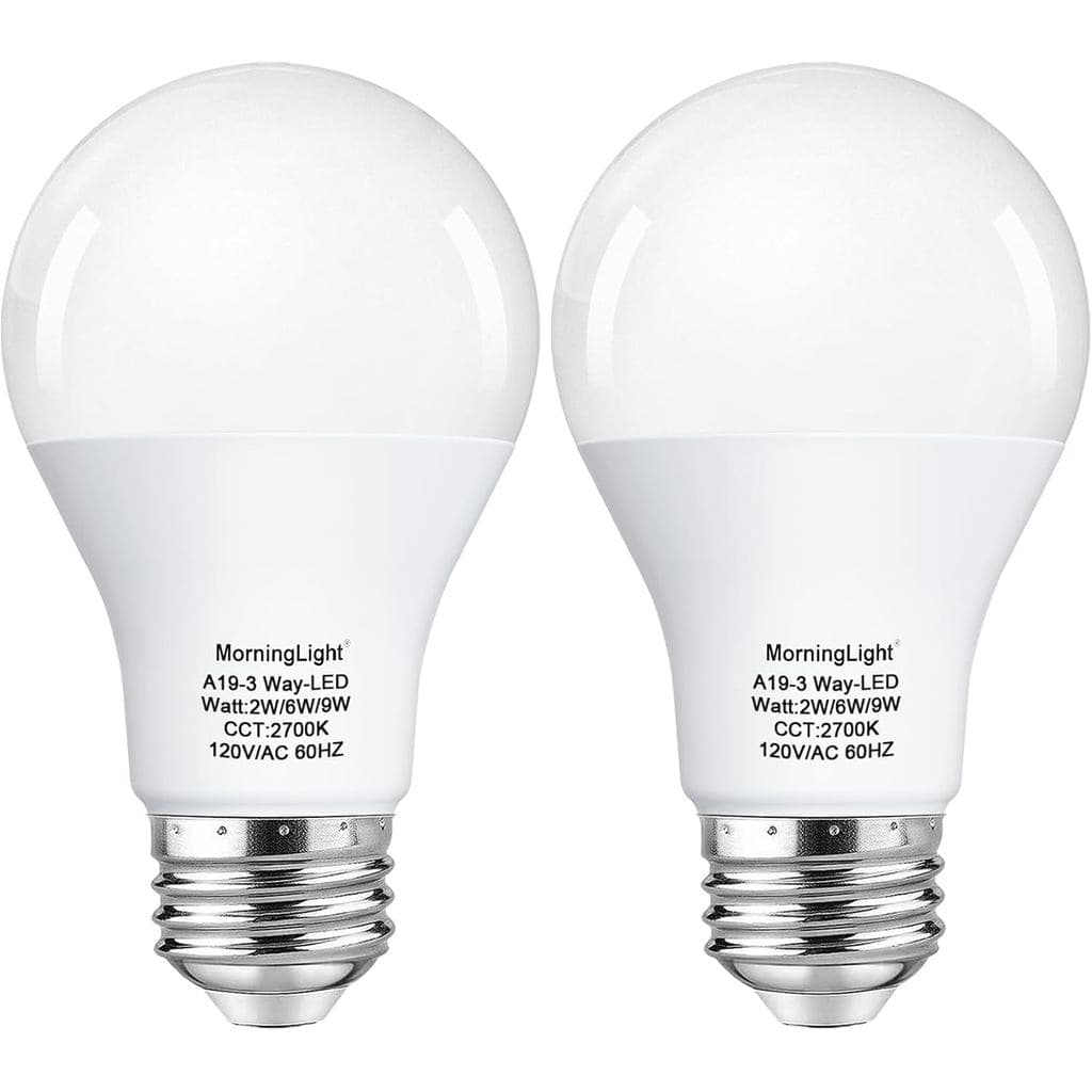 MorningLight Pacote com 2 Lâmpadas LED A19 de 3 Vias, Equivalente a 10, 40, 60 Watts, Branco Quente 2700K, Lâmpadas Regu