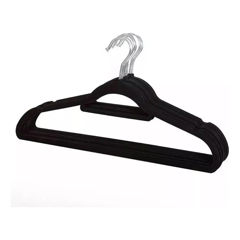 Kit 10 Cabides Slim Veludo Preto Ultrafino Gancho Giratório