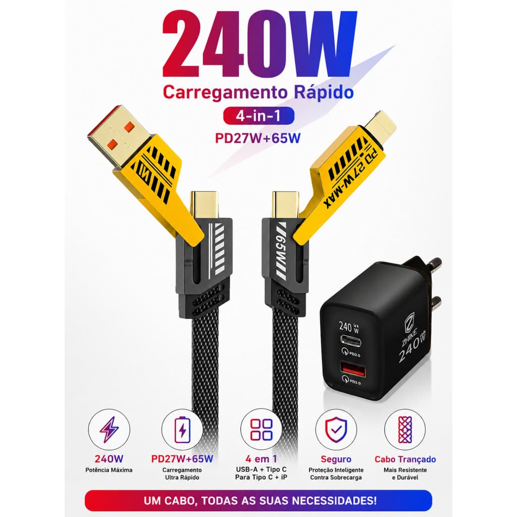 Carregador ZHIKE 240W GaN Kit 4 em 1 Cabo TipoC V8 LED Rotativo 180 Trançado Adaptador Organizador Rápido Samsung Xiaomi