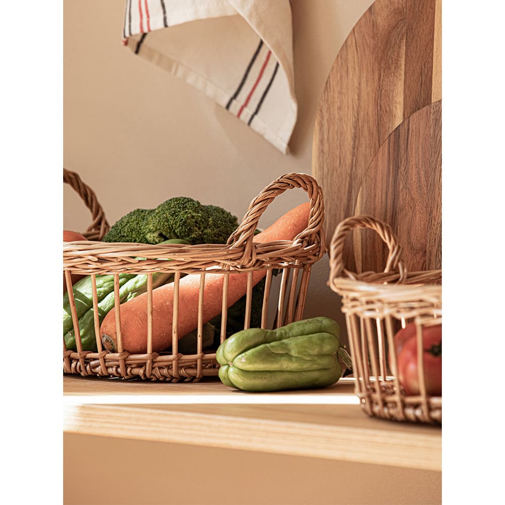 Cesta de vime artesanal cesta de orelha dupla de bambu armazenamento doméstico Rattan cesta de lavagem de vegetais