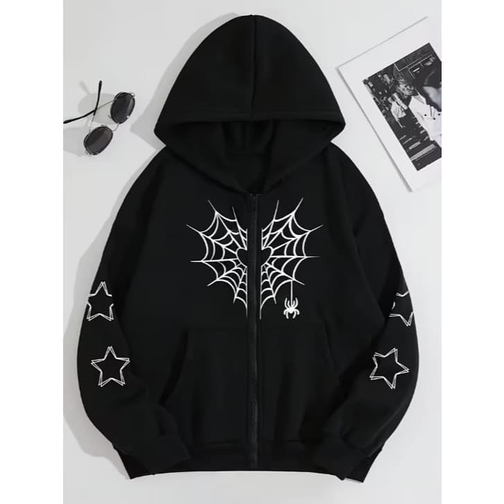 Moletom Canguru Aberto Com Zíper Teia De Aranha Gótico Dark Blusa De Frio Unissex Confortável Agasalho Streetwear