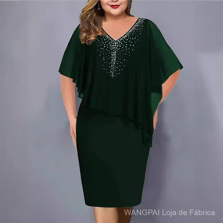 Vestido Midi Plus Size com Decote em V, Mangas Médias Irregulares, Detalhes em Strass e Patchwork de Chiffon para Mulher