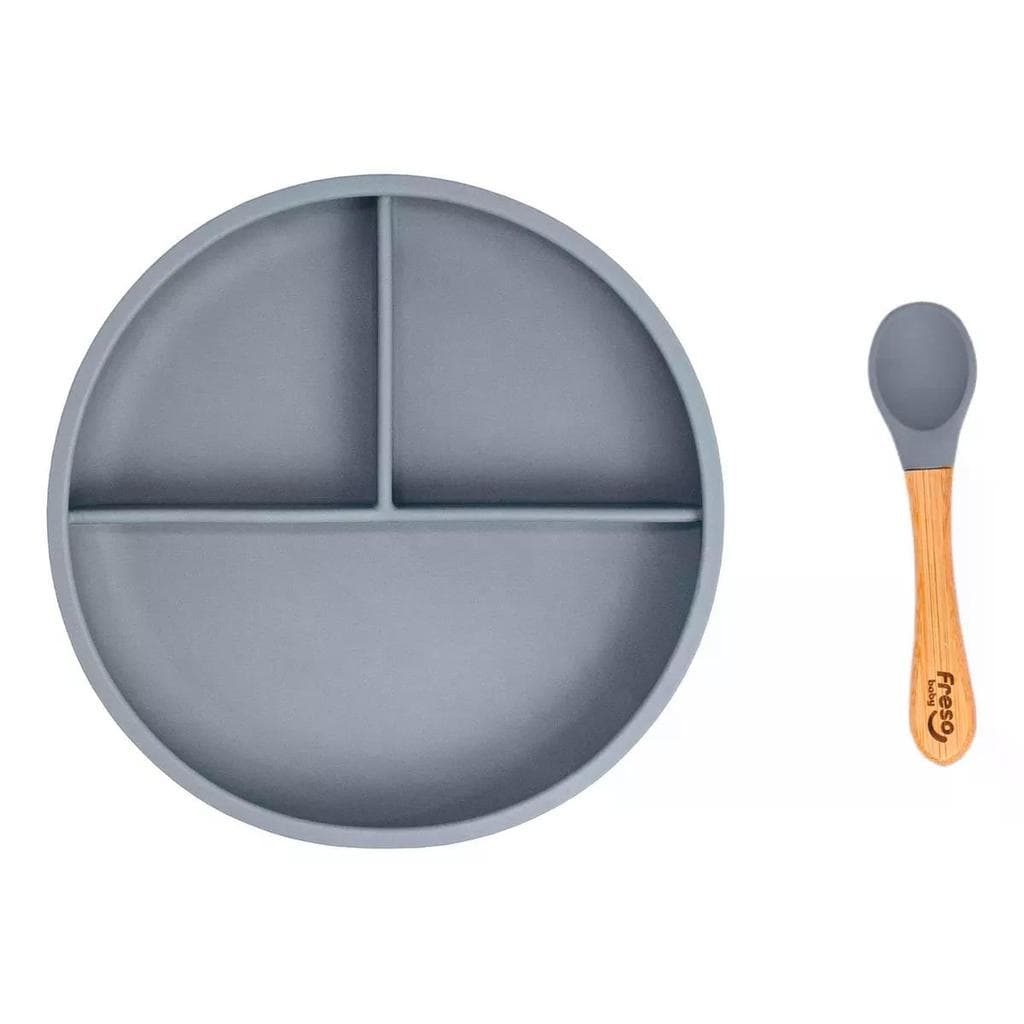 Kit Prato Com Divisórias E Colher De Silicone E Bambu Freso Cinza