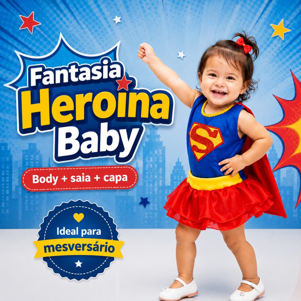 Fantasia Bebê Heroína Vermelha e Azul com Capa para Mesversário e Festa Infantil