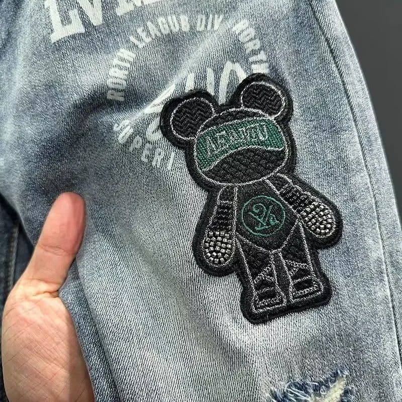 ❤Novidades❤ 2026 primavera outono estilo All-Match na moda lavado Street Wear moda bordado urso fino-ajuste pés pequenos