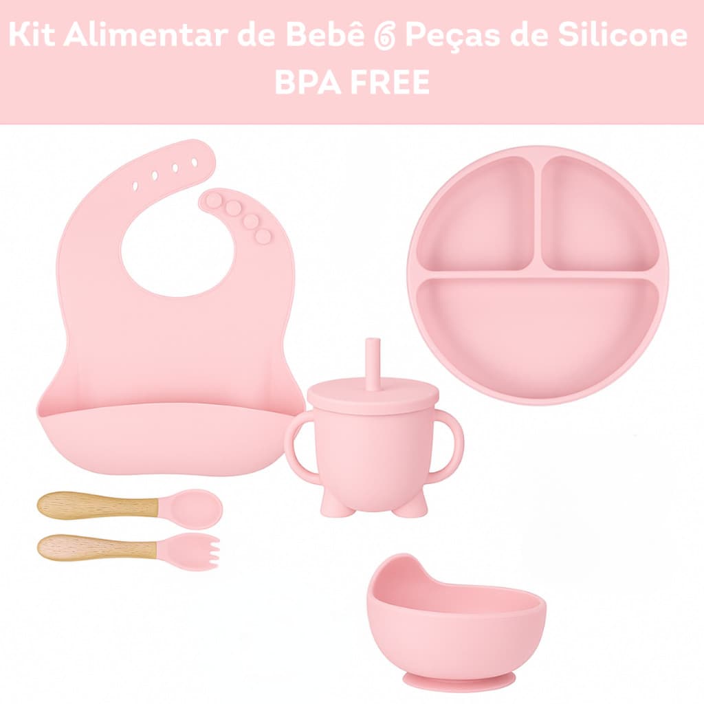 Kit 6 Peças Introdução Alimentar Silicone Bebê Talheres Babador Prato Ventosa Colher Garfo