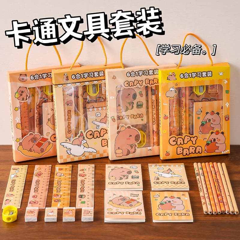 Conjunto de caixa de presente de papelaria para temporada escolar, material escolar para estudantes, conjunto de seis pe