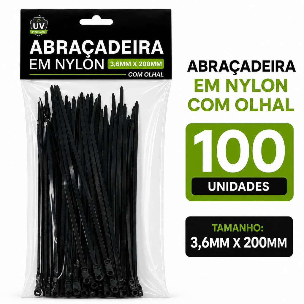 100 Abraçadeiras Nylon Preta com Olhal 3,6x150mm 3,6x200mm Enforca Gato Cinta Plástica para Parafuso