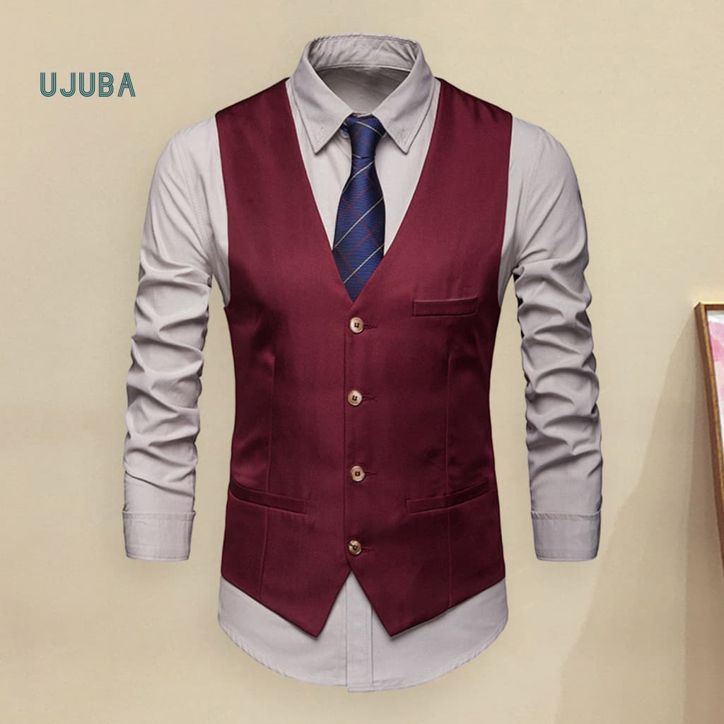 Pockets Men Vest Business Men's Formal Suit Slim Fit Sleeveless Waistcoat with Single-breasted V Neck Cardigan for Groom