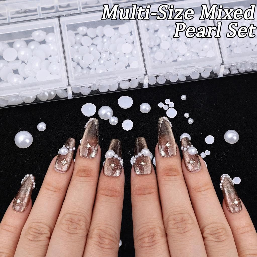 Decoração De Unhas De Gel UV Pérola Simulada Com Caixa De Armazenamento-Conjunto De Contas Resina Resistente Ao Desbotam