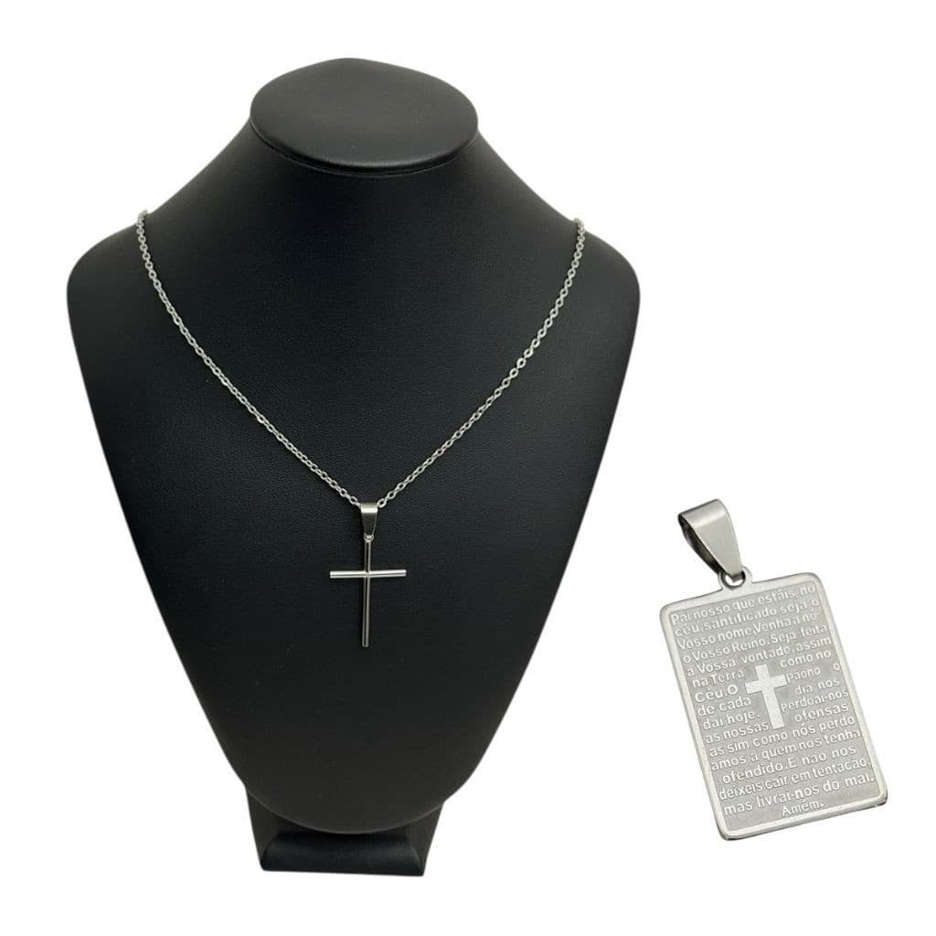 Colar Cordão Crucifixo Aço Inox + Pingente Pai Nosso Masculino Prata
