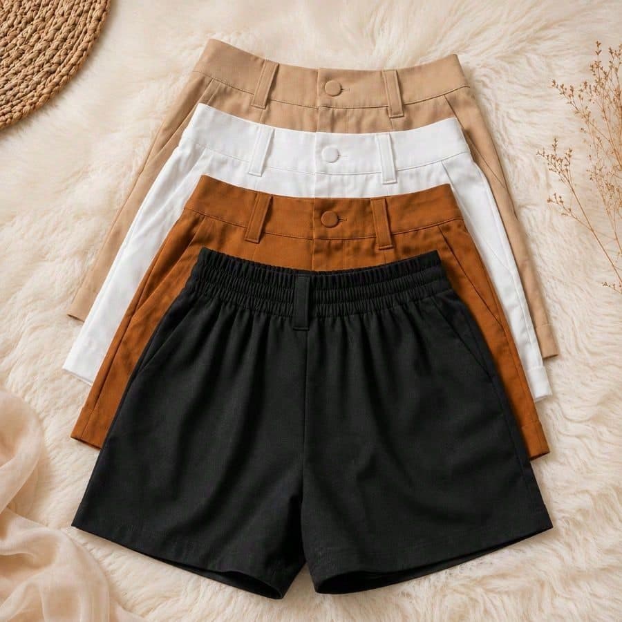 Shorts Femininos Alfaitaria Cintura Alta Com Elastico Atras e Bolsos Funcionais e Passantes Verão Praia  Férias