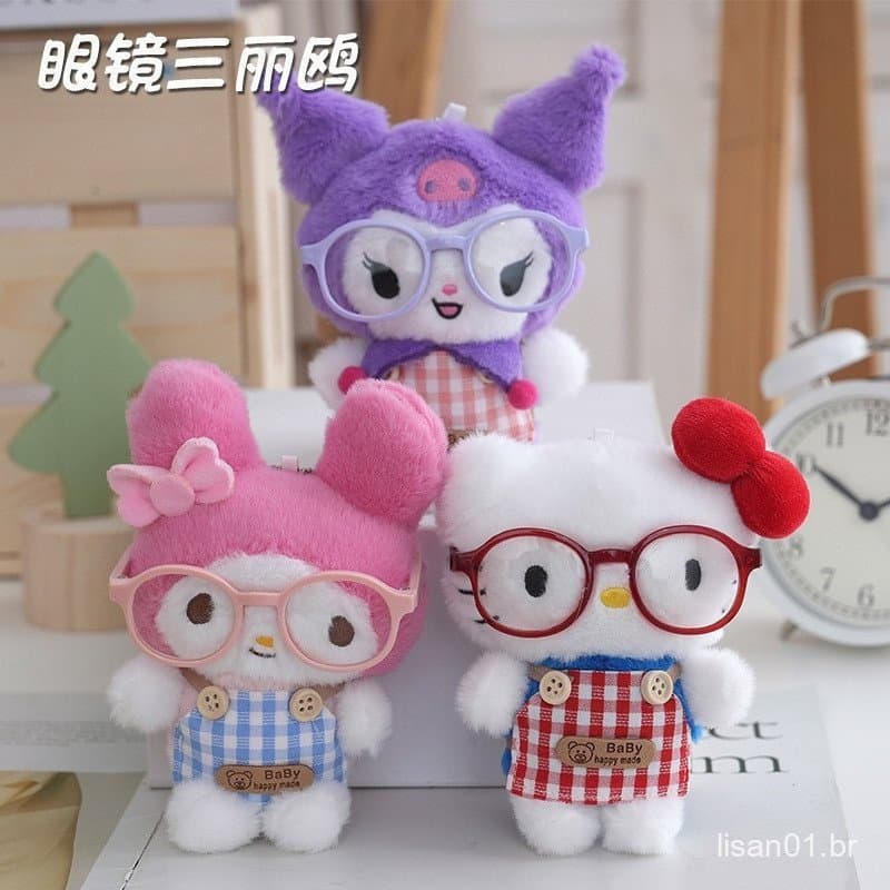 Pingente de óculos Sanrio Kuromi, brinquedo de pelúcia, chaveiro de bolsa KT cat, boneca de pelúcia ORER